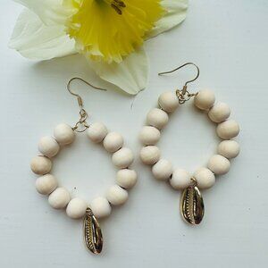 handmade hoop earrings with cowrie shell charm gold plated wood beads